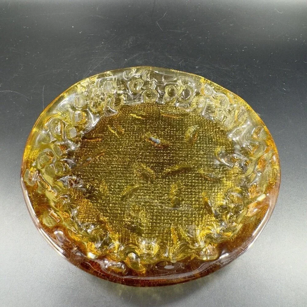 Round Art Glass Dish Plate‎ Thick Glass Textured Center Trinket Glass Decor